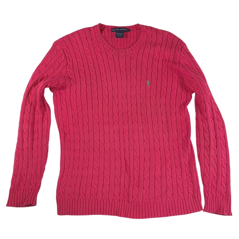 Ralph Lauren Women Pink Old Money Preppy Cable Knit Sweater Crew Neck Cotton L